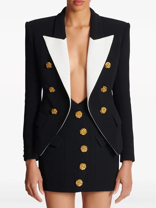 Slim Fitting Color Block Blazer with Rose Metal Buttons