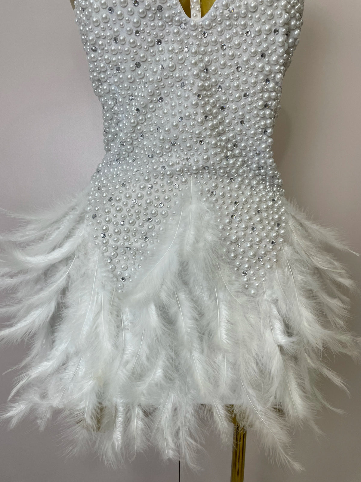 Luxury Rhinestones Pearls Feathers Halter Backless Dress