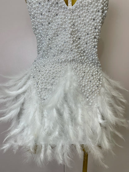 Luxury Rhinestones Pearls Feathers Halter Backless Dress