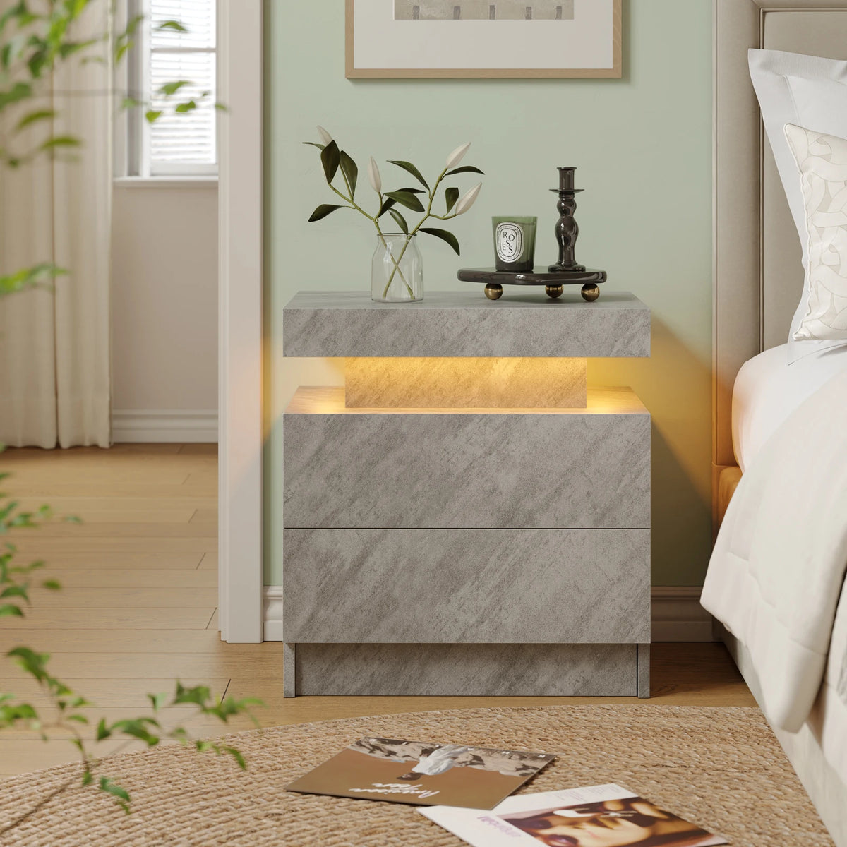Cubehom White LED Nightstand with 2 Drawers