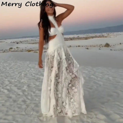 Sexy Lace Patchwork Halter Evening Gown for Women