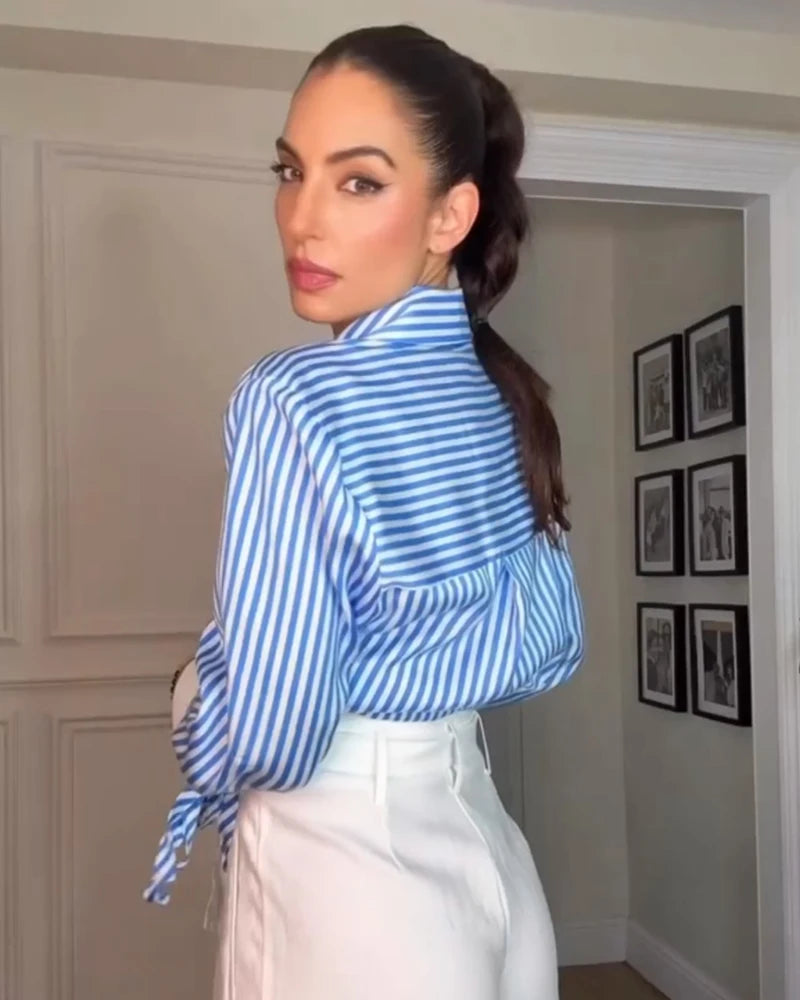 Women's Striped Bow-Tie Shirt Jacket in Polyester
