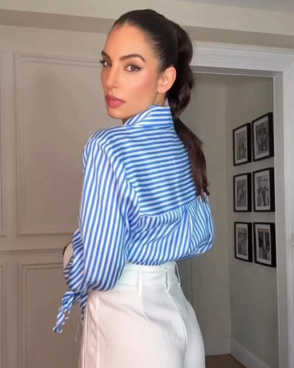 Women's Striped Bow-Tie Shirt Jacket in Polyester