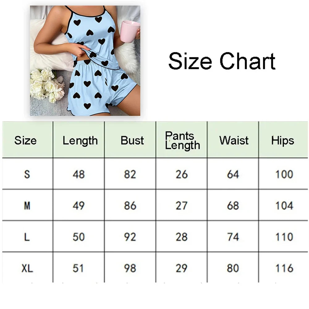 Women's Pink Heart Print Pajama Set Shorts Ice Silk