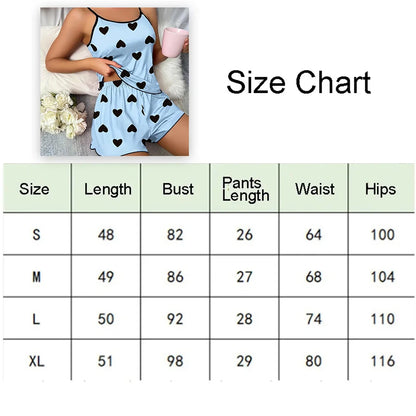Women's Pink Heart Print Pajama Set Shorts Ice Silk