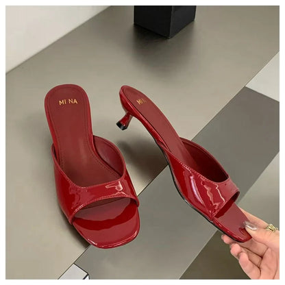 Thin High Heels Open Toe Slides Women Patent Leather Sandals
