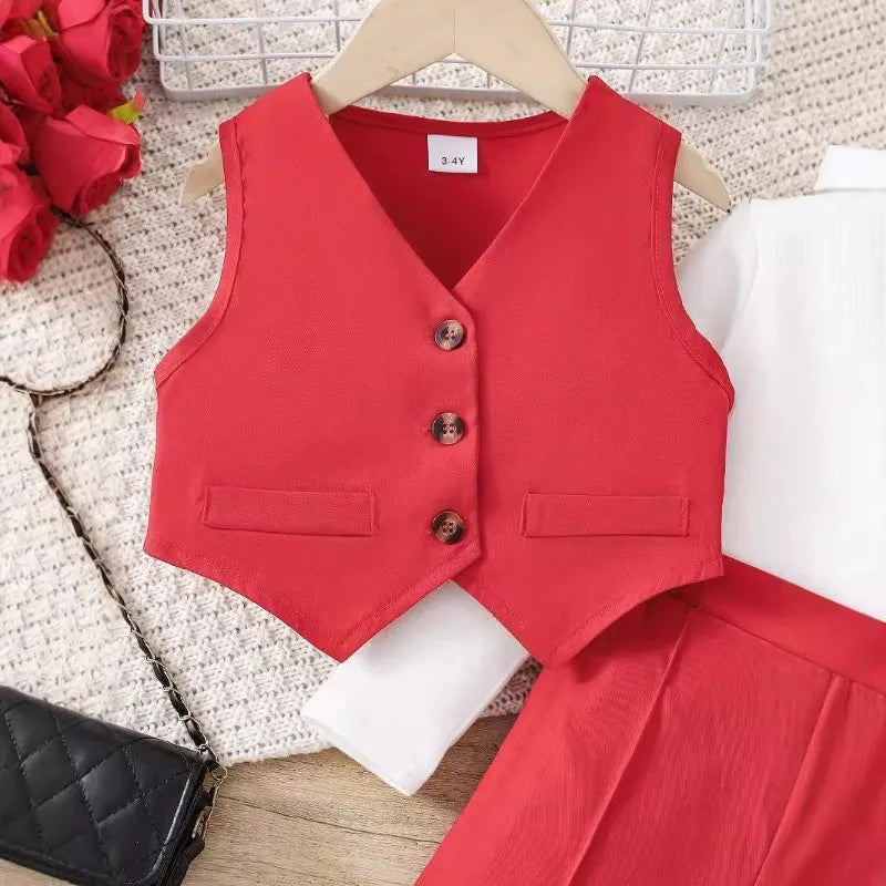 Girls White Long Sleeve Top Red Waistcoat Trousers Set
