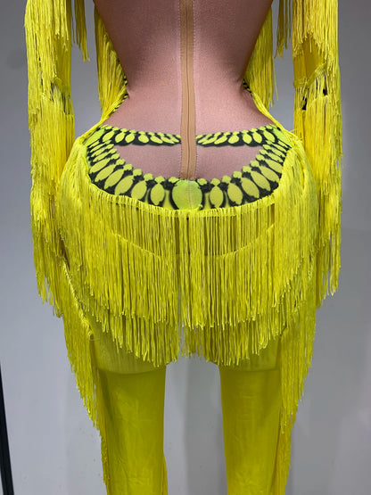 Yellow Polyester Bodycon Jumpsuit with Tassels