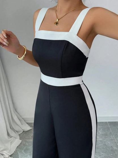 Women's Black White Square Neck Jumpsuit Polyester