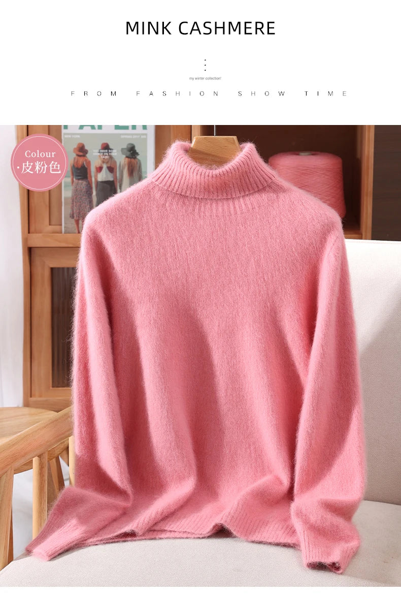 Mink Fur High Collar Pullover Sweater for Women