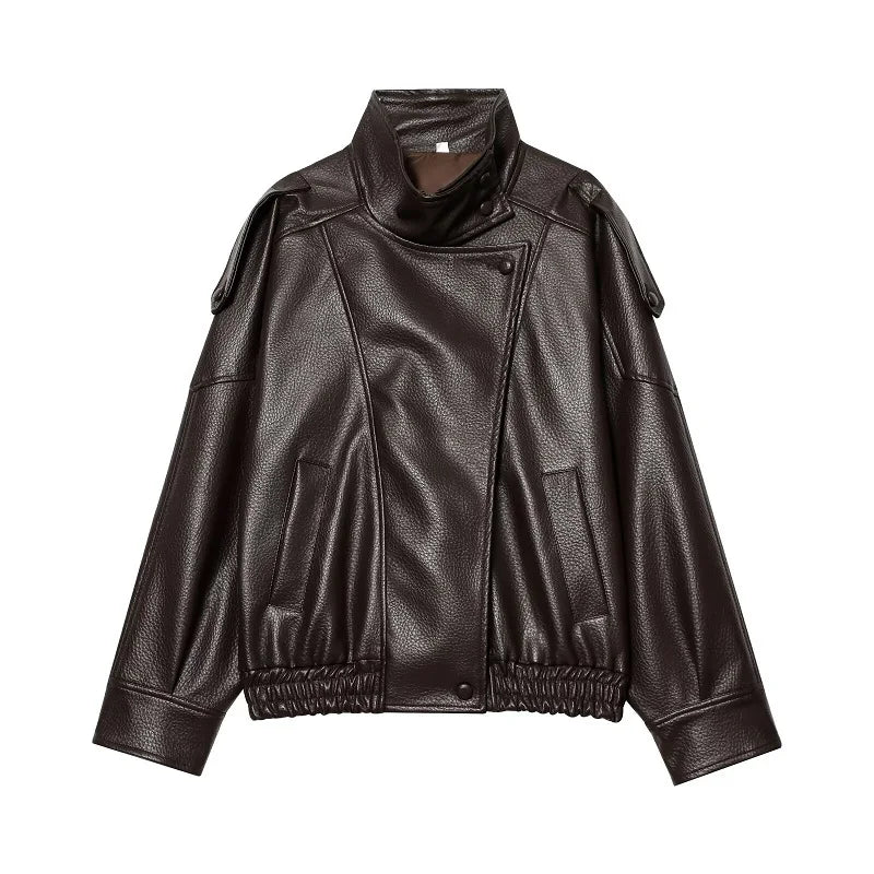 Faux Leather Oversize Bomber Jacket for Women