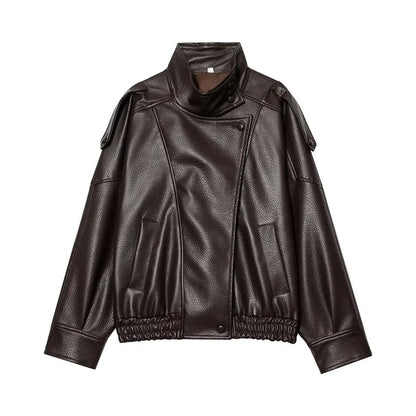 Faux Leather Oversize Bomber Jacket for Women