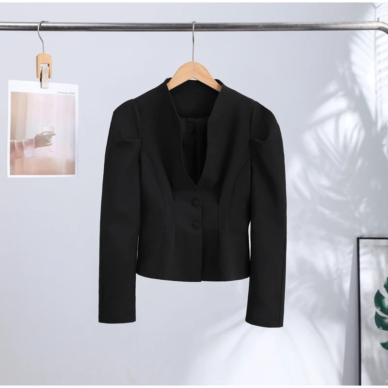 Chic Waist Cinched Women's Blazer Coat with Stand Collar