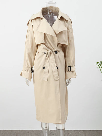 Khaki Long Color-block Stripe Trench Coat for Women