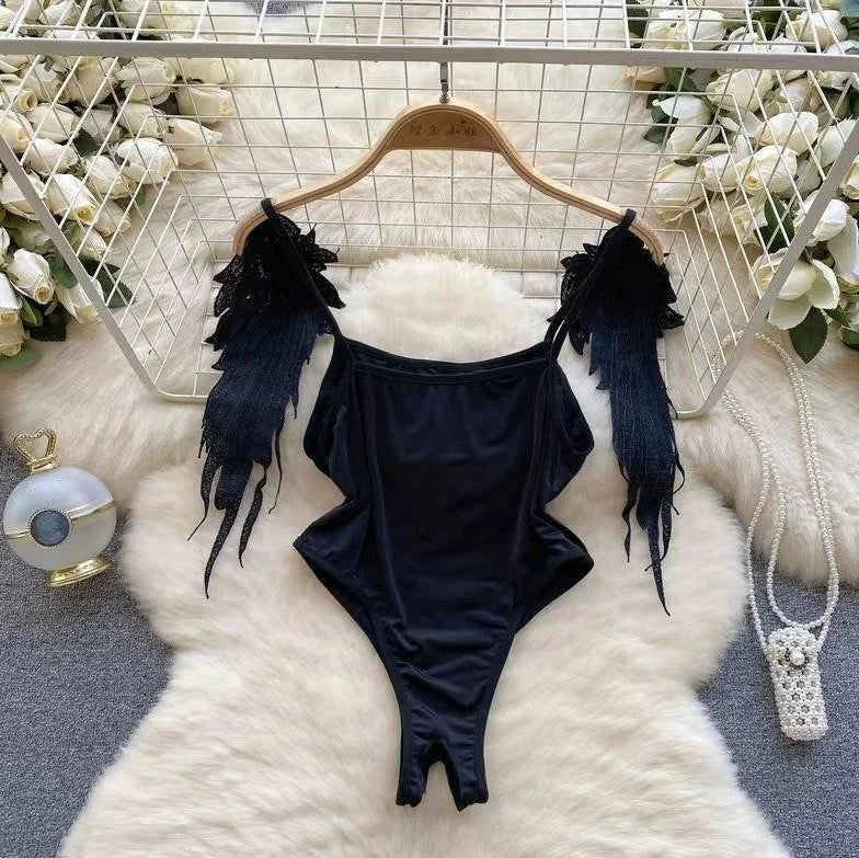 Women Transparent Lace Up Halter Bodysuit Romper