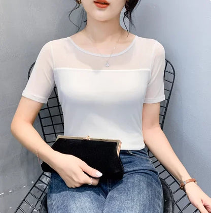 Women Slim Fit Long Sleeve Mesh T-Shirt