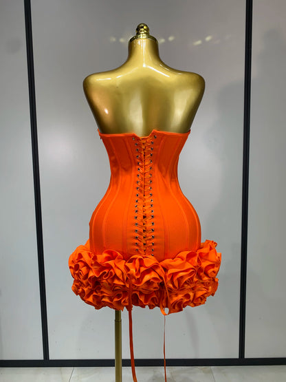 Women Strapless Backless Flower Embellished Mini Dress