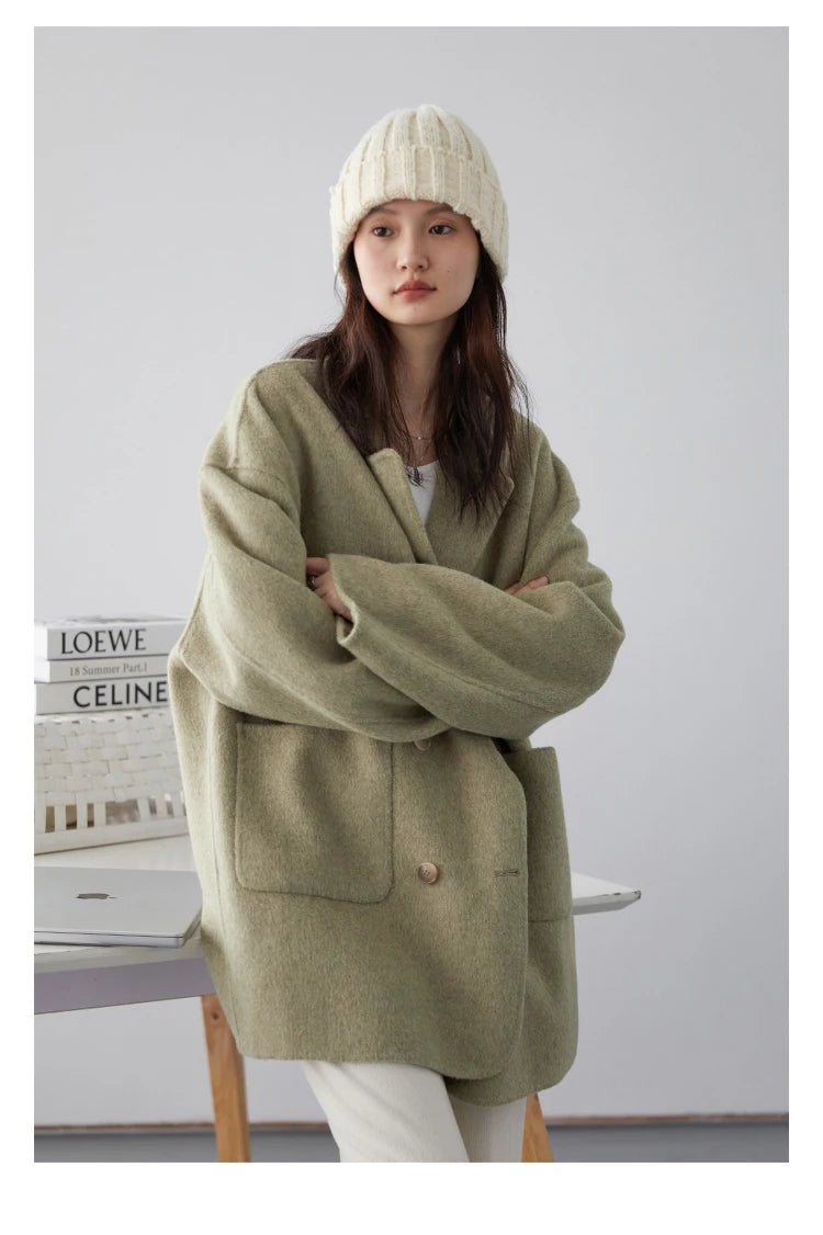 Women's Woolen Double Breasted Jacket Office Lady Outerwear