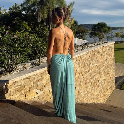 Backless Halter Dress for Women in Solid Polyester
