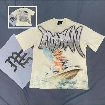 Mixed Emotion Cotton T-Shirt for Couples with Angel Print