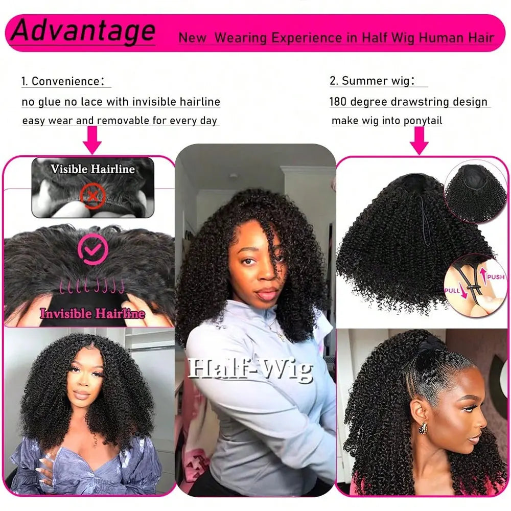 Jerry Curly Half Wig Human Hair Black Seamless Clip In