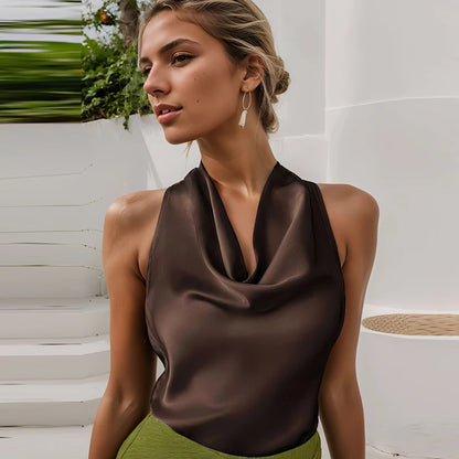 Halter Satin Backless Corset Top for Women in Yellow Pink Black