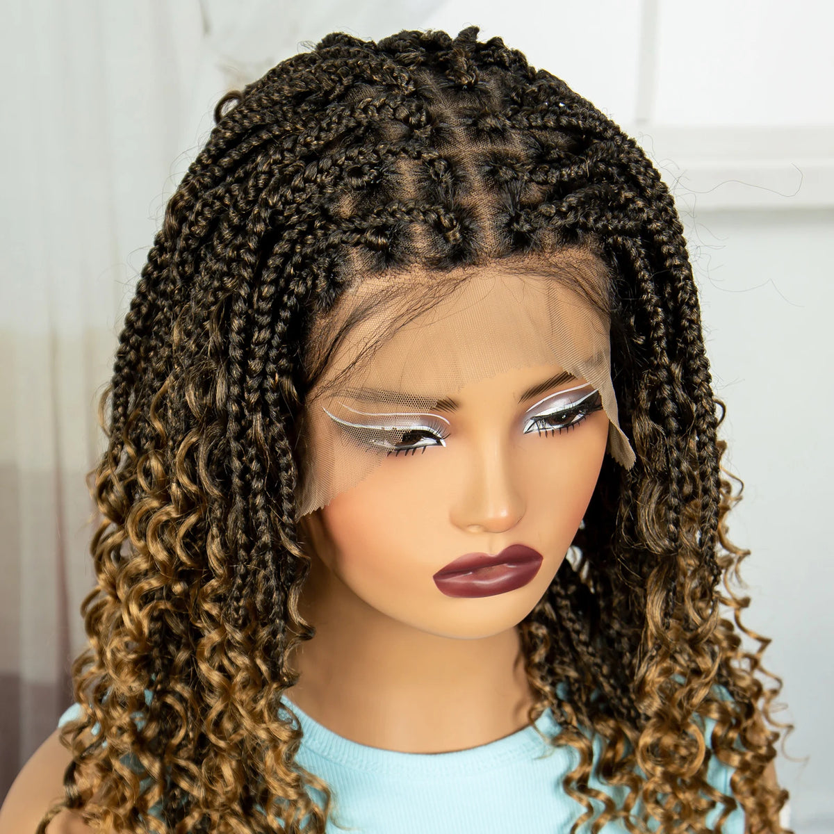 Knotless Box Braided Wigs with Curly Ends 16 Inches Synthetic