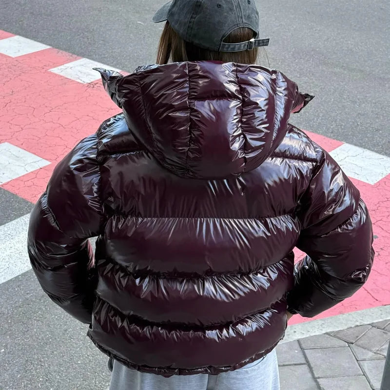 Solid Glossy Zipper Hooded Coat Women's Cotton Jacket