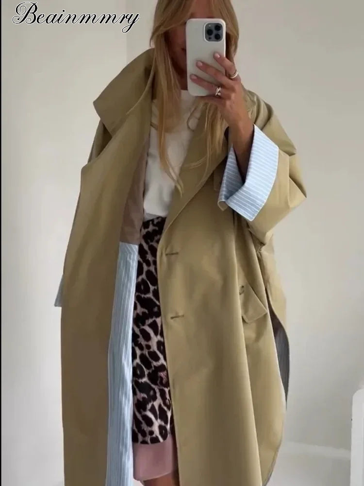 Khaki Long Color-block Stripe Trench Coat for Women