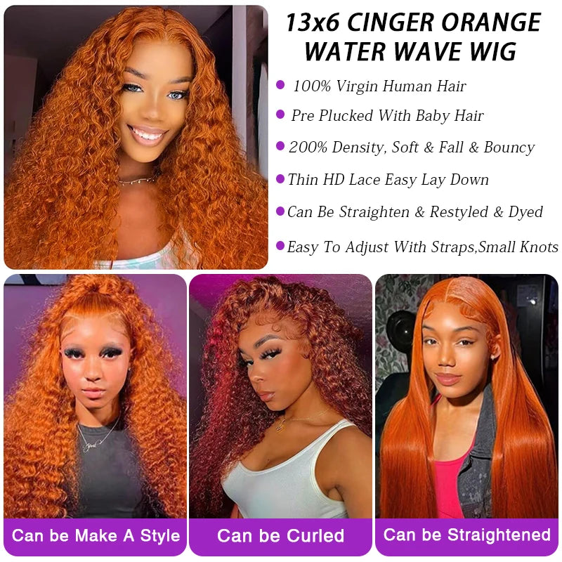 Water Wave Orange Ginger Lace Front Wig Human Hair 30 Inch