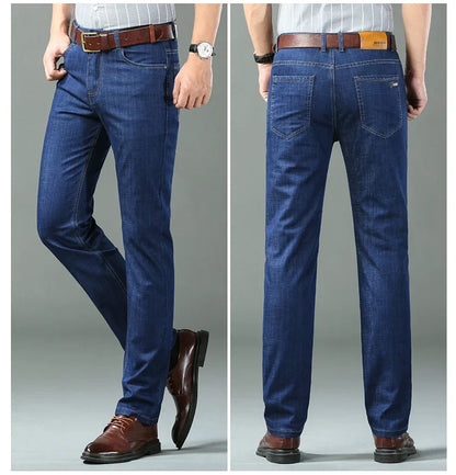 Men's Blue Straight Denim Jeans Lightweight Casual Trousers