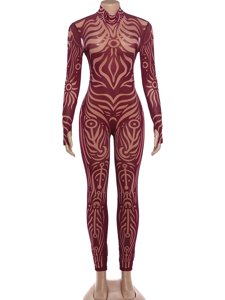 Striped Print Turtleneck Jumpsuit for Women