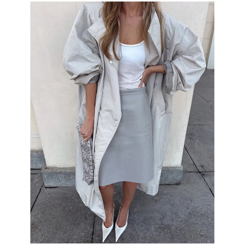 Khaki Long Color-block Stripe Trench Coat for Women