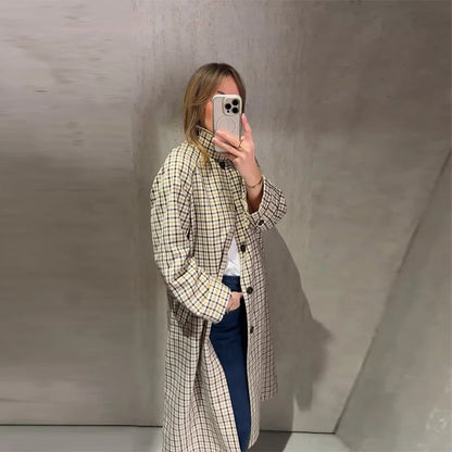 Reversible Plaid Long Trench Coat Women Single Breasted
