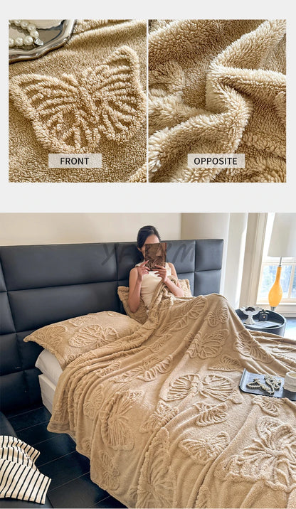 Coral Fleece Autumn Blanket with 3D Butterflies
