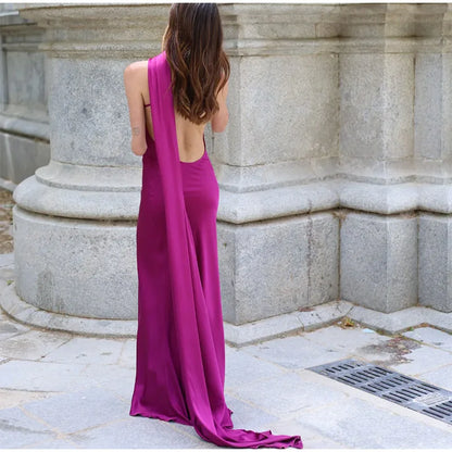 Elegant Halter Dress Women Solid Backless Maxi Dress