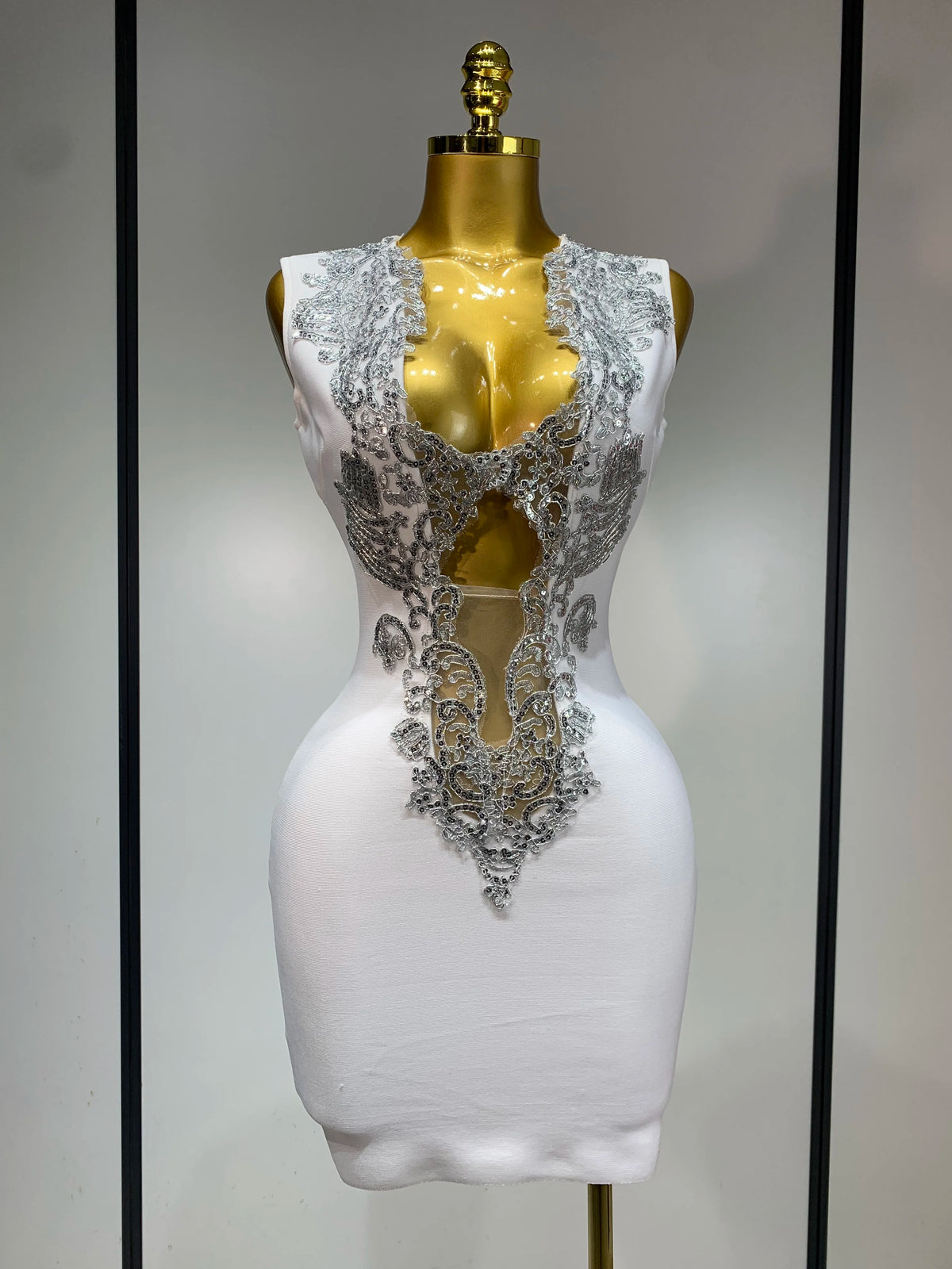 Sexy V Neck Cut Out Bandage Dress Silver Sequin White