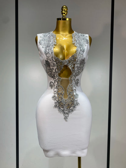 Sexy V Neck Cut Out Bandage Dress Silver Sequin White