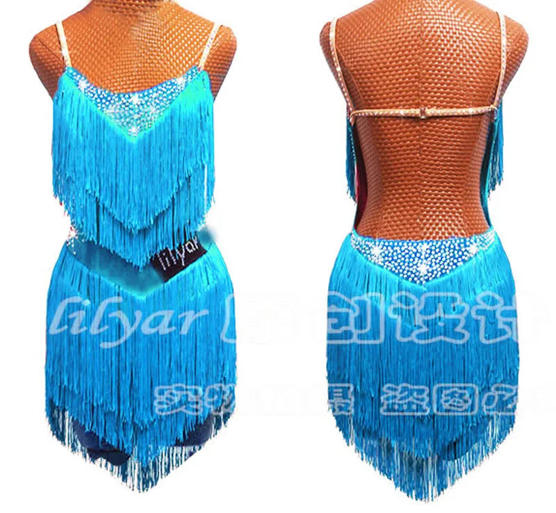 Latin Dance Dress with Rhinestones and Tassels in Red and White