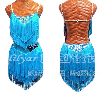 Latin Dance Dress with Rhinestones and Tassels in Red and White