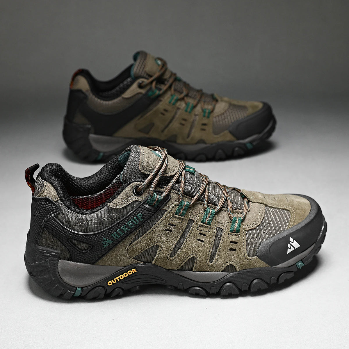 HIKEUP Men's Suede Leather Hiking Shoes Black Gray Khaki