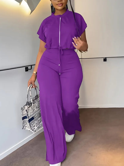 Women Casual Short Sleeve Drawstring Top and High Waist Pants Set
