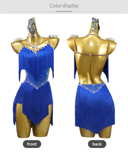 Latin Performance Dance Dress Women Blue Fringe Skirt