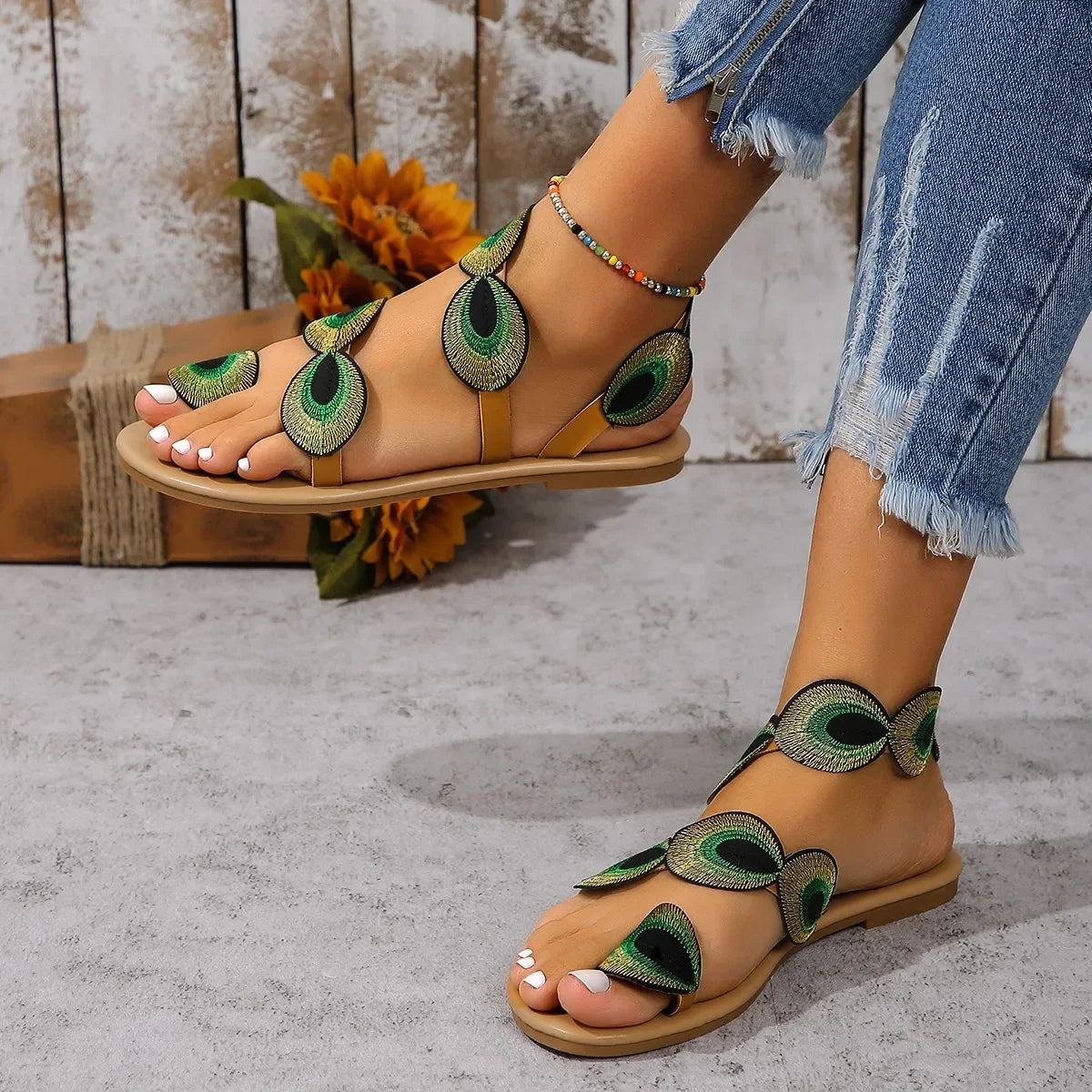 Yellow Faux Flower Embroidered Flat Sandals Size 43