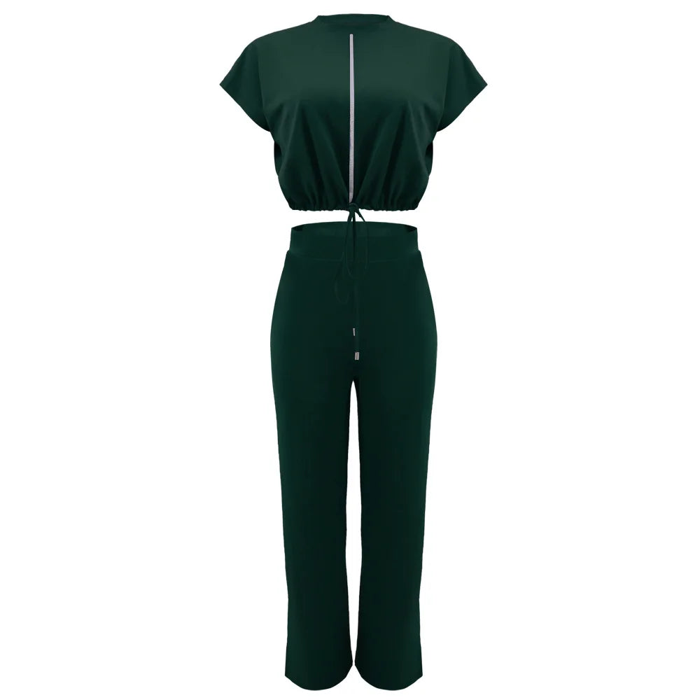 Women Casual Short Sleeve Drawstring Top and High Waist Pants Set