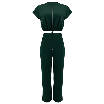 Women Casual Short Sleeve Drawstring Top and High Waist Pants Set