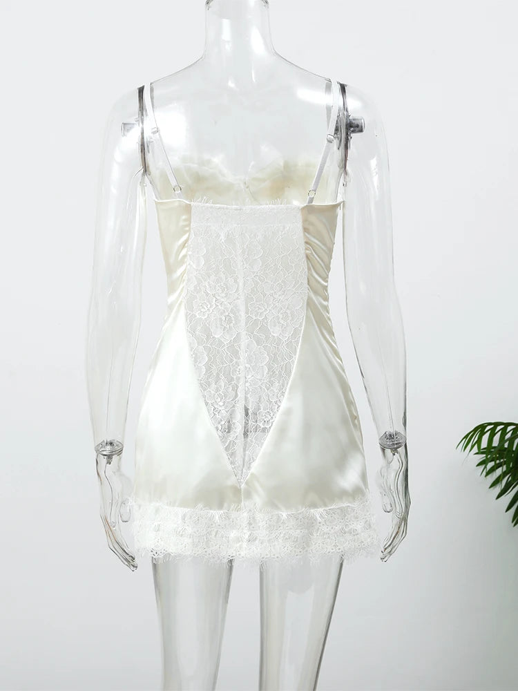Women White Lace Trim Corset Mini Dress