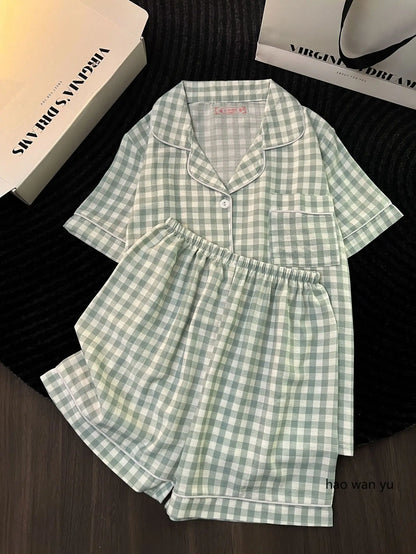 Japanese Minimalist Women's Pink Plaid Pajamas