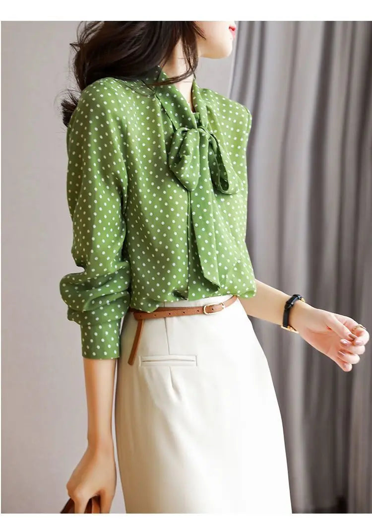 Shawl Collar Long Sleeve Blouse Women Polka Dot Cardigan