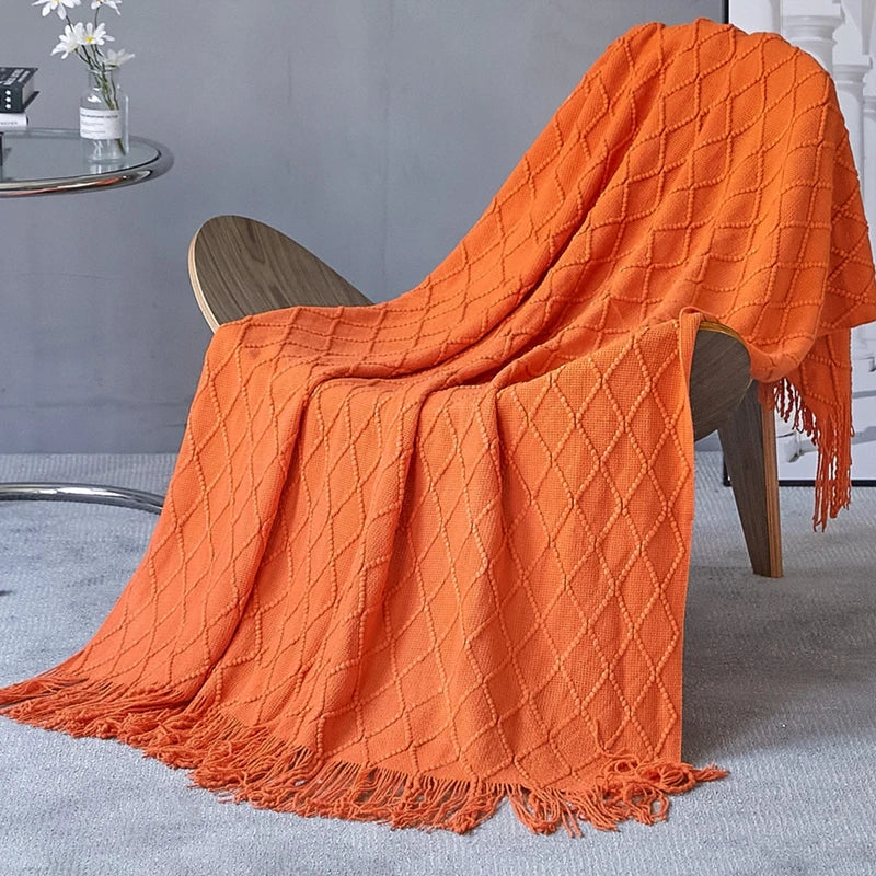 Khaki Knitted Acrylic Blanket with Tassels